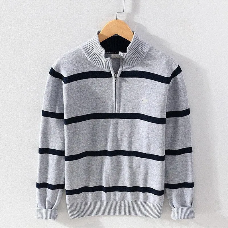 100% Cotton Men's Striped Sweaters Coat Pullovers Male Slim Fit Knitted Tops