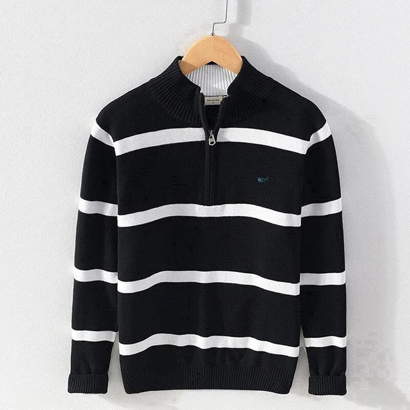 100% Cotton Men's Striped Sweaters Coat Pullovers Male Slim Fit Knitted Tops