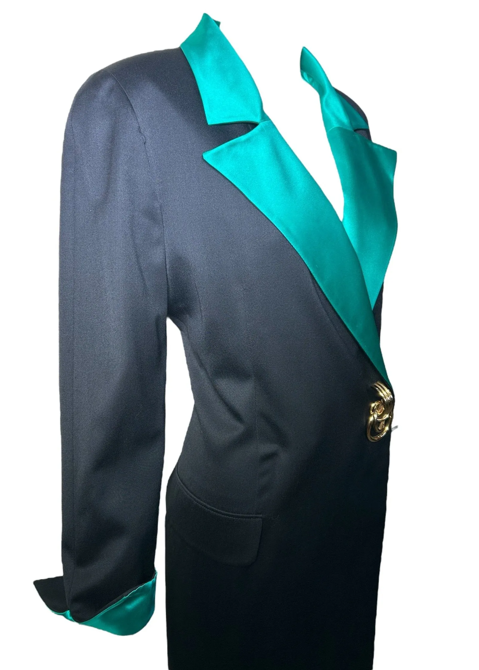 1980s Genny Wool w/Silk Green Lapel Dress with Gold Hardware