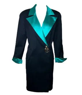 1980s Genny Wool w/Silk Green Lapel Dress with Gold Hardware