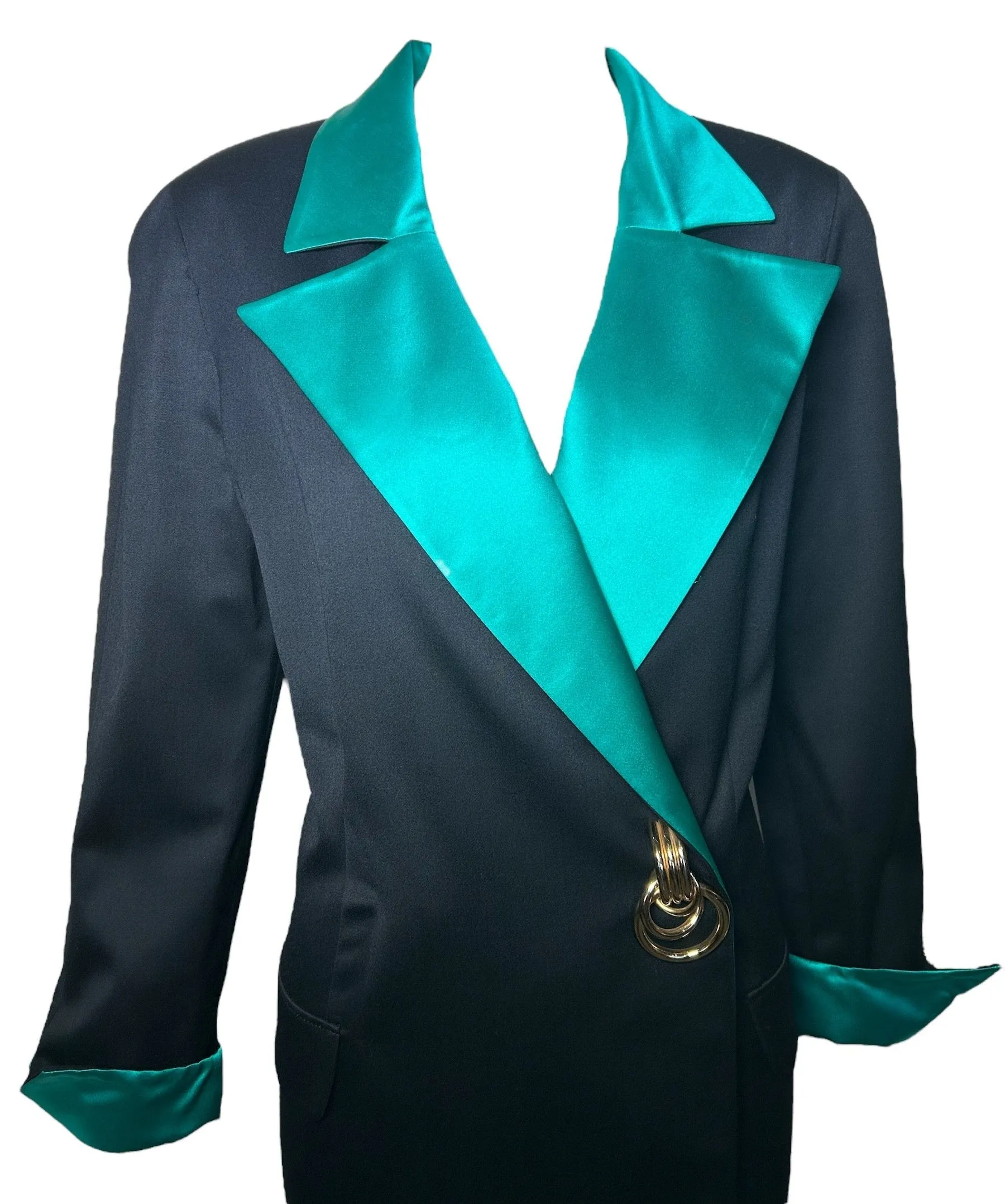 1980s Genny Wool w/Silk Green Lapel Dress with Gold Hardware