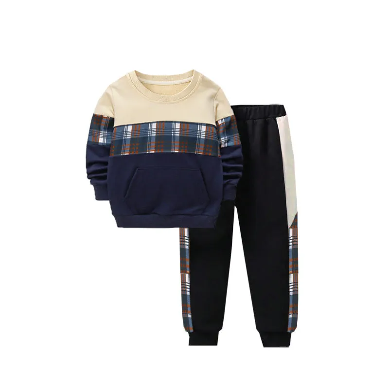 2 Pcs Boys Hoodie Color Block Sweatshirt and Casual Pants Set