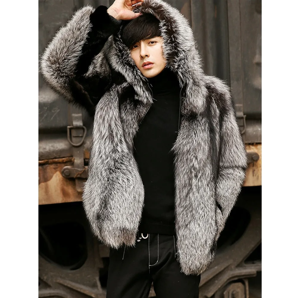 2019 New Men's Gold Fox Fur Coat Fashion Hooded Fur Jacket Mens Winter Coat Leather Jacket