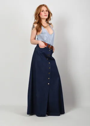 70s High Waisted Denim Maxi Skirt