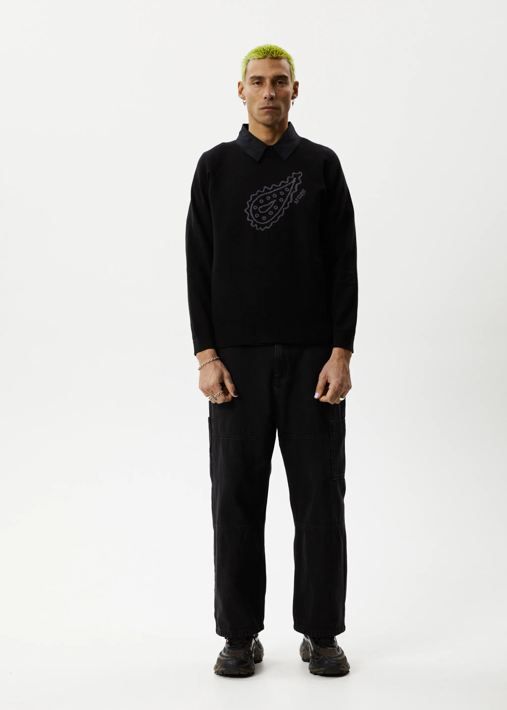 AFENDS Mens Heritage - Raglan Knitted Crew Neck Jumper - Black