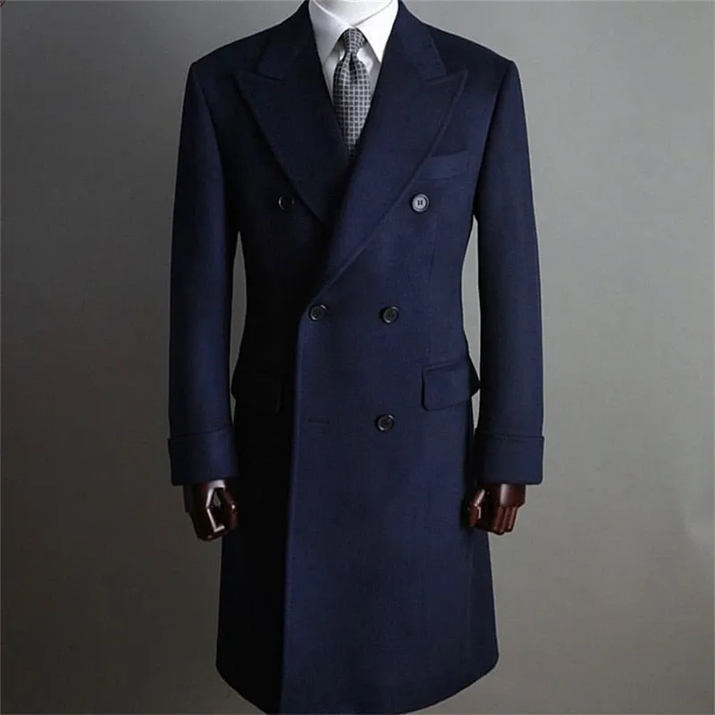 Aidase Formal Navy Men Suits Thick Wool Custom Made Men Jacket Double Breasted Tuxedos Peaked Lapel Blazer Business Long Coat