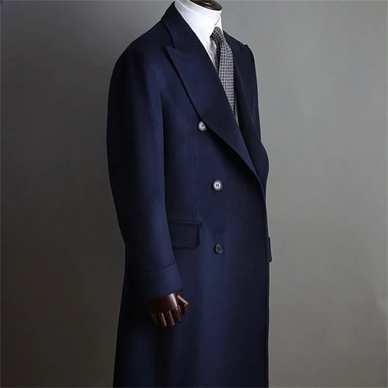 Aidase Formal Navy Men Suits Thick Wool Custom Made Men Jacket Double Breasted Tuxedos Peaked Lapel Blazer Business Long Coat