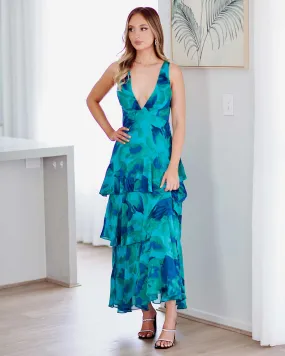 Bella Layered Chiffon Maxi Dress - Blue/Green Print