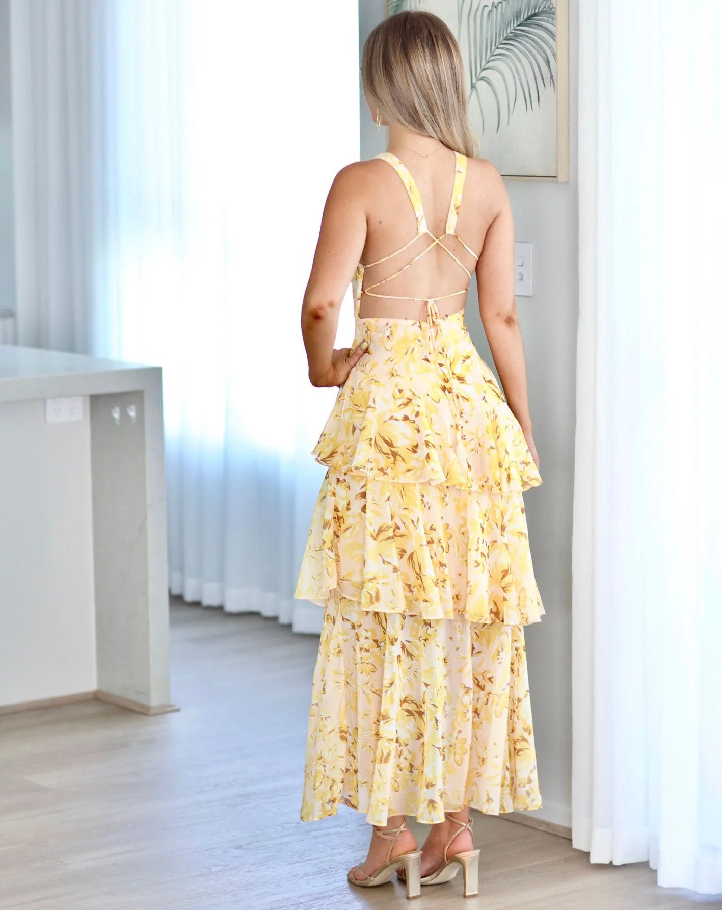 Bella Layered Chiffon Maxi Dress - Yellow Floral