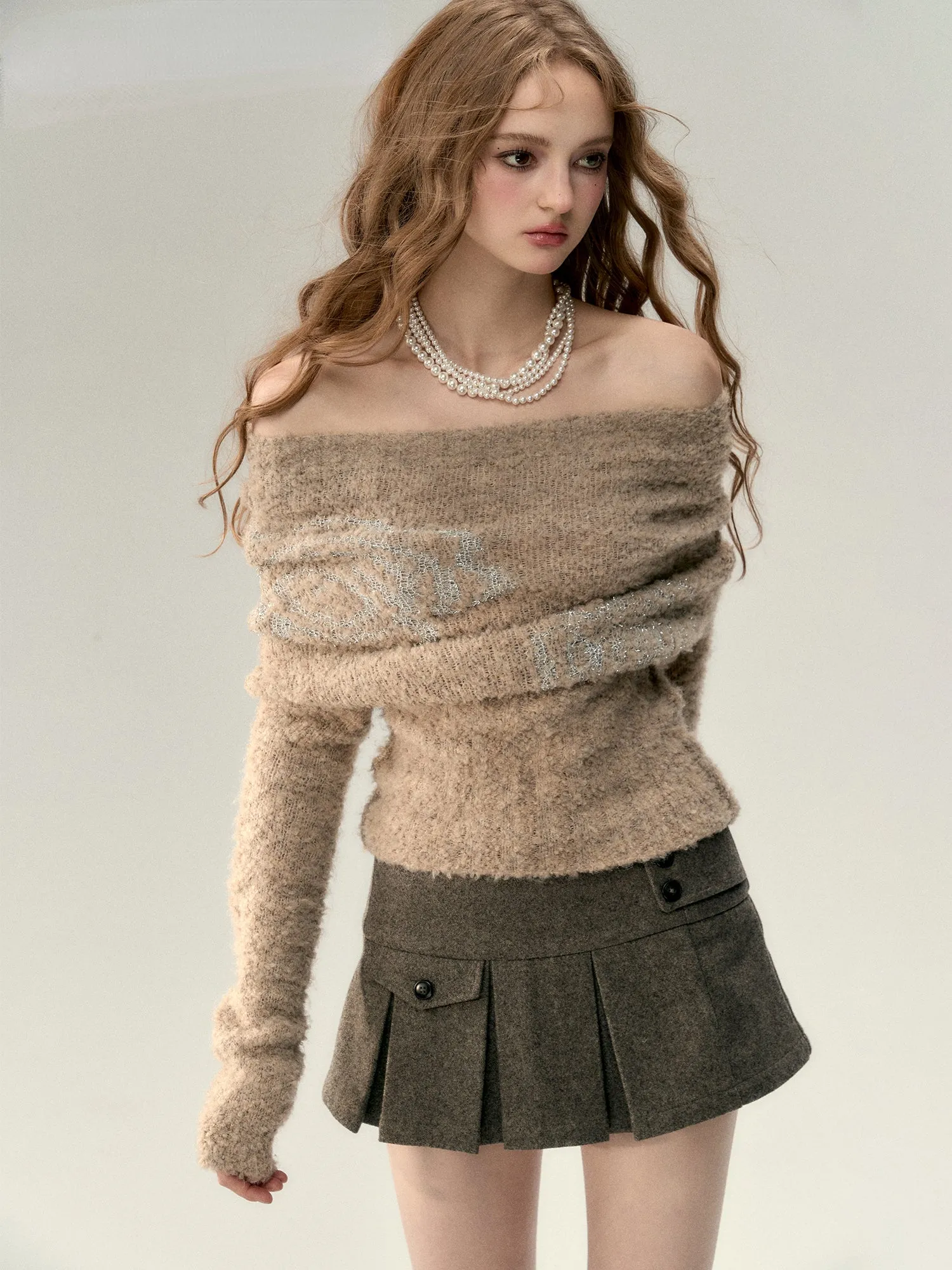 Black & Khaki Off-shoulder Wool Knitted Sweater