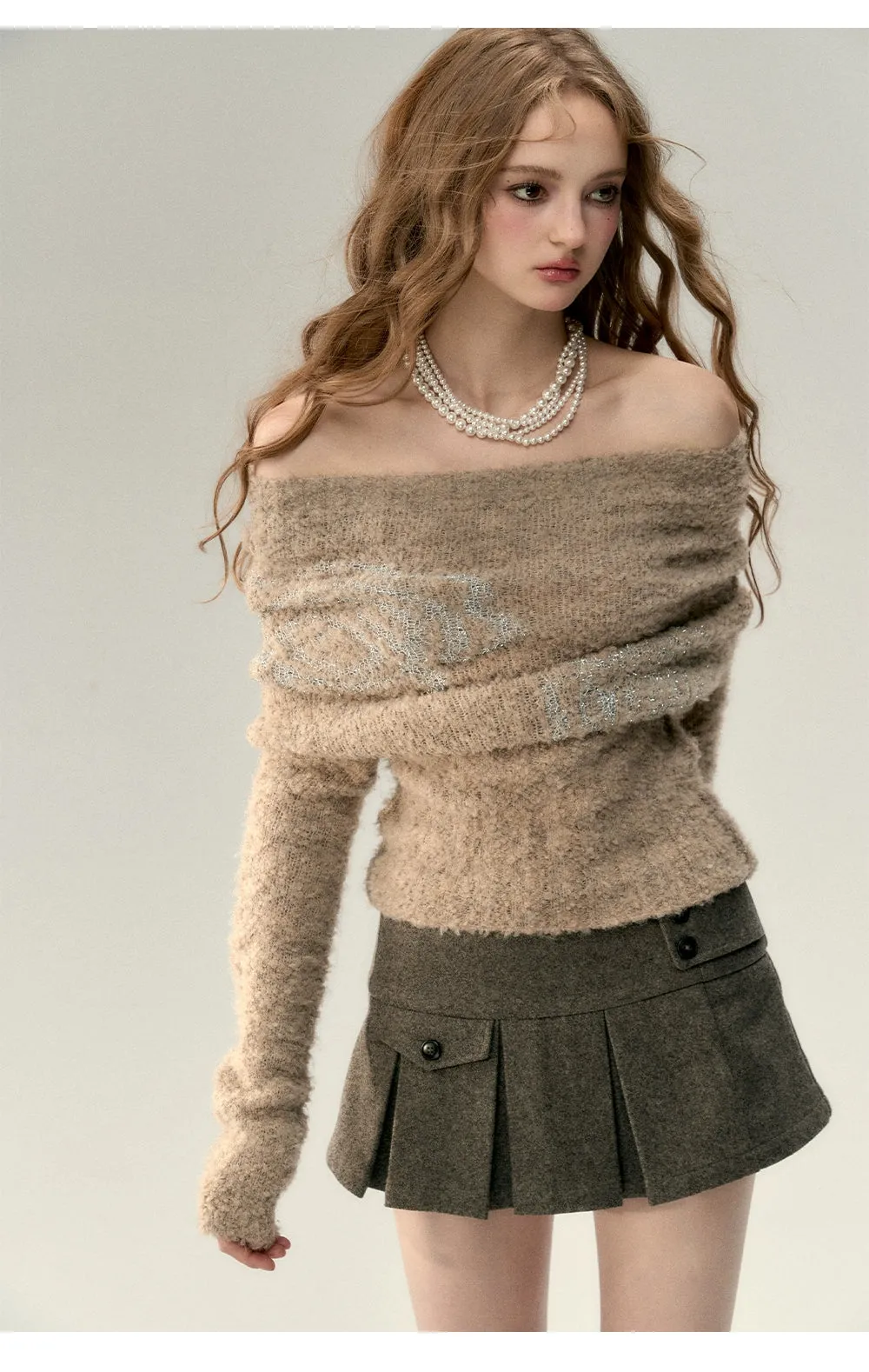 Black & Khaki Off-shoulder Wool Knitted Sweater