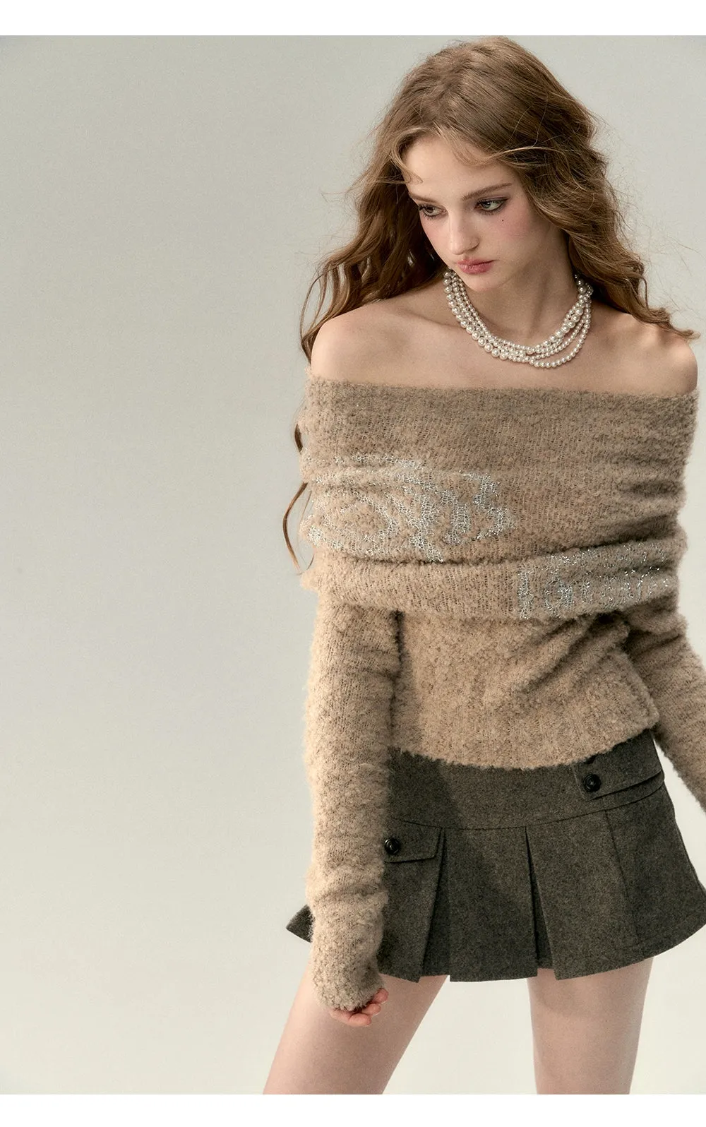 Black & Khaki Off-shoulder Wool Knitted Sweater