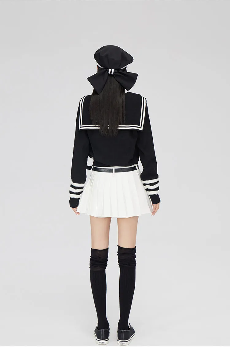 Black & Off-white Patchwork Lapel Sweater