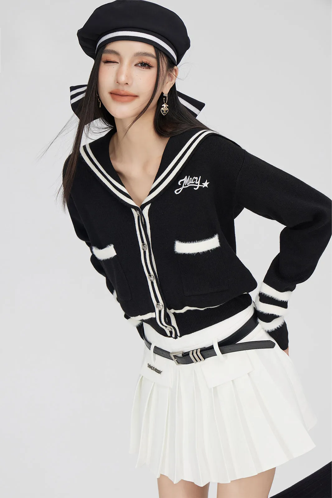 Black & Off-white Patchwork Lapel Sweater