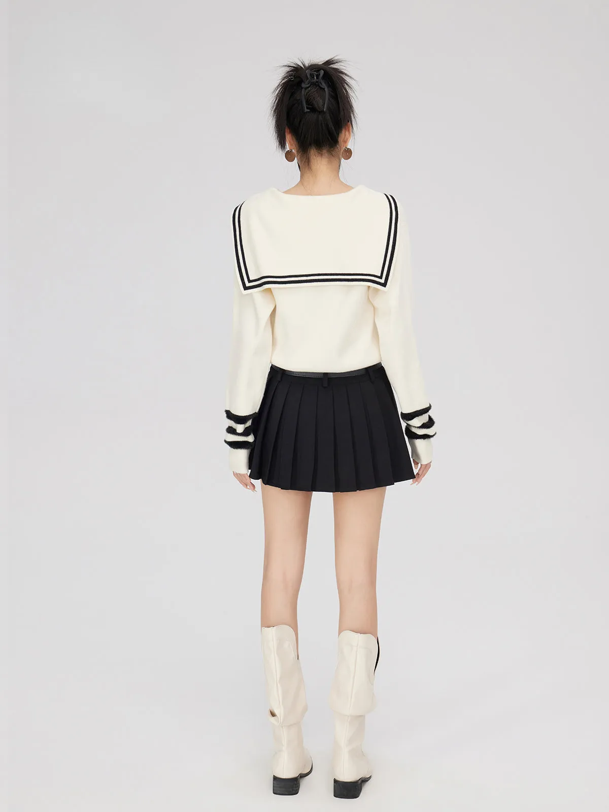 Black & Off-white Patchwork Lapel Sweater