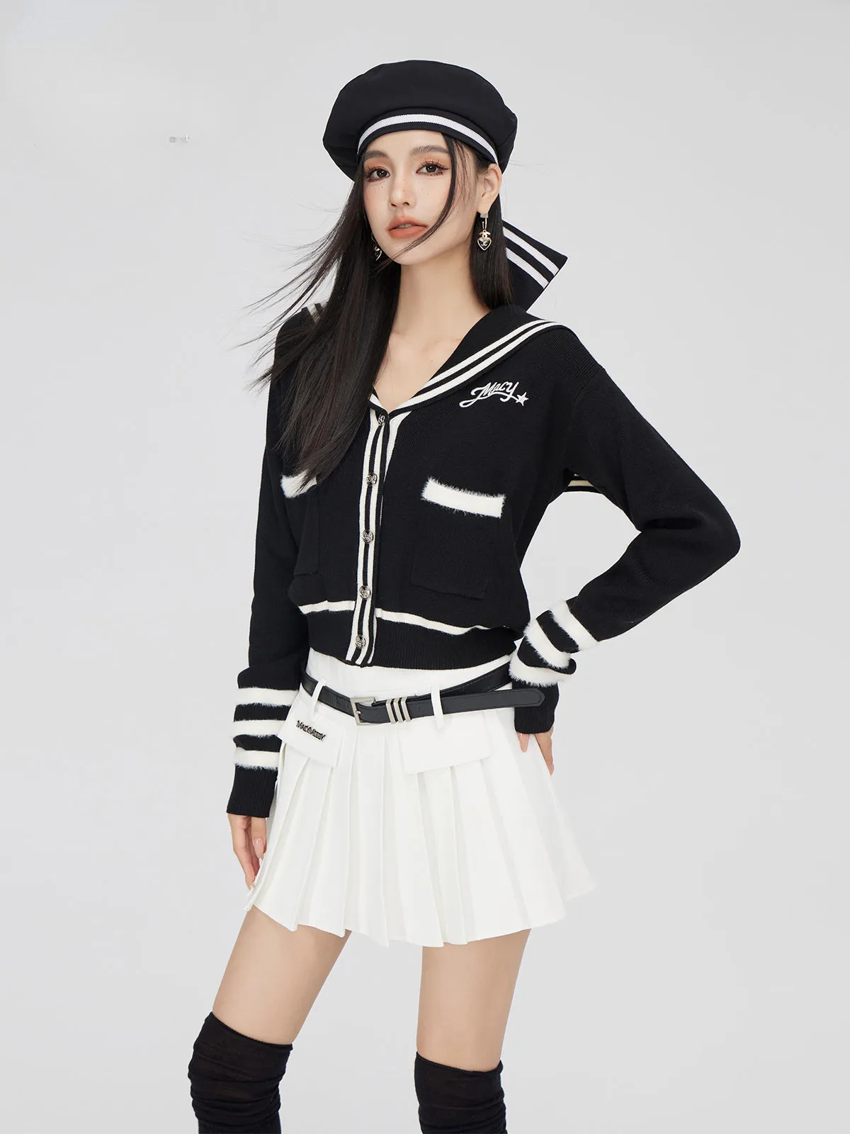 Black & Off-white Patchwork Lapel Sweater