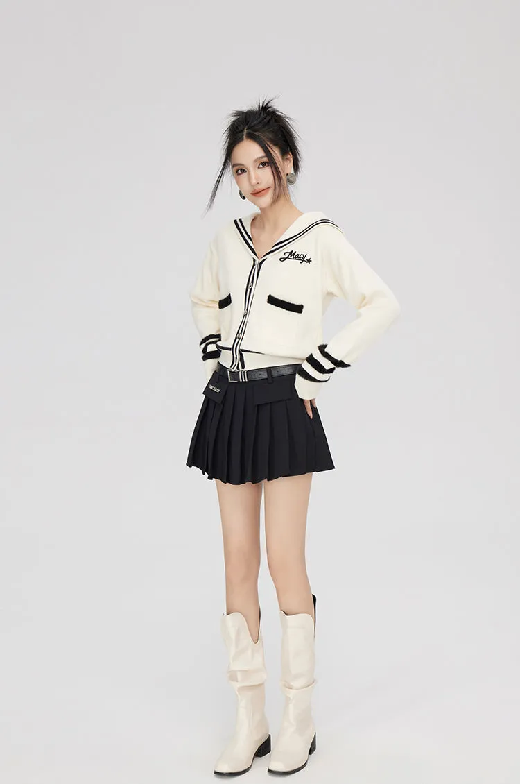 Black & Off-white Patchwork Lapel Sweater