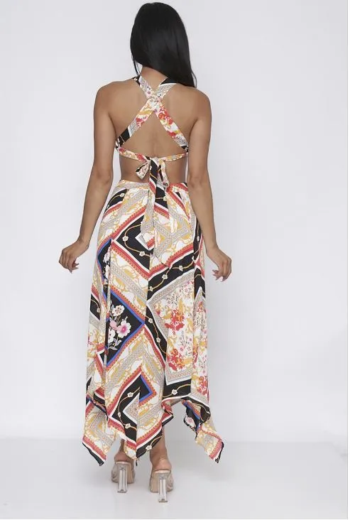 Black Multi Print Halter Neck Maxi Dress