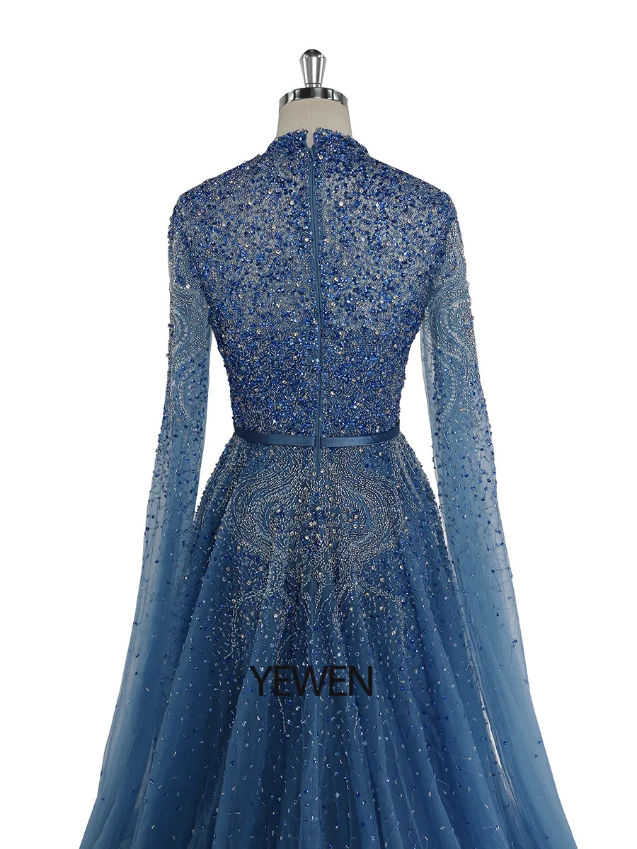 Blue A-Line High-end Beaded Luxury Cape Sleeves Evening Dresses Gowns YEWEN