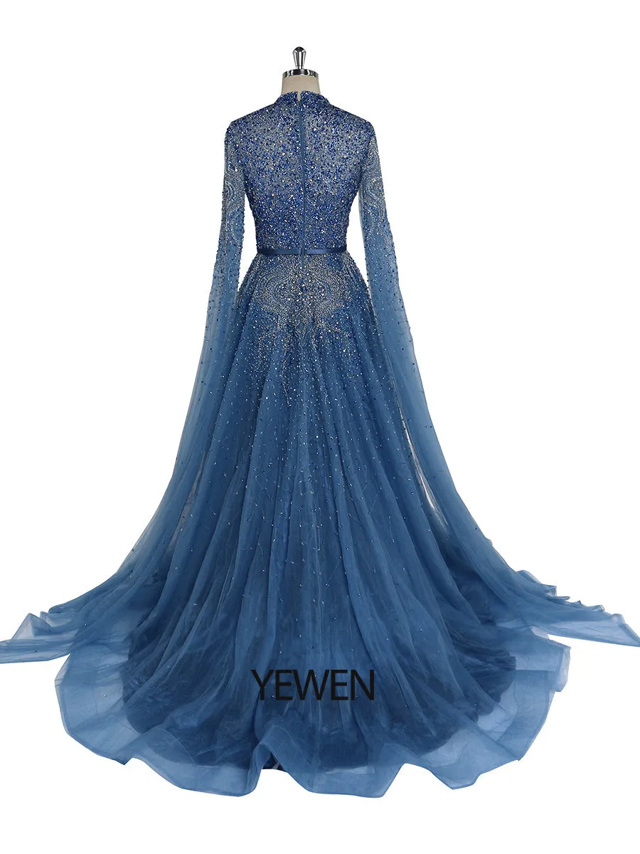 Blue A-Line High-end Beaded Luxury Cape Sleeves Evening Dresses Gowns YEWEN