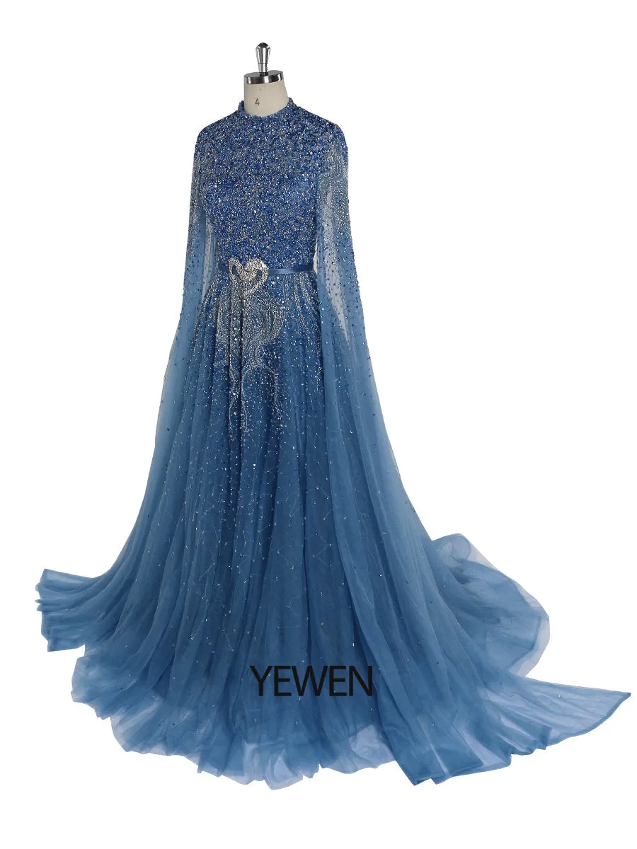 Blue A-Line High-end Beaded Luxury Cape Sleeves Evening Dresses Gowns YEWEN