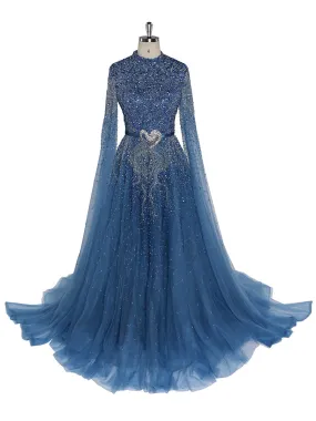 Blue A-Line High-end Beaded Luxury Cape Sleeves Evening Dresses Gowns YEWEN