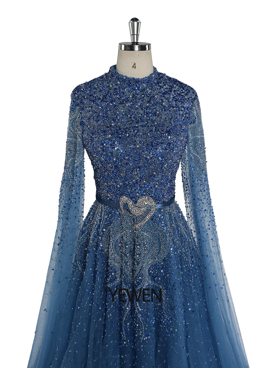 Blue A-Line High-end Beaded Luxury Cape Sleeves Evening Dresses Gowns YEWEN