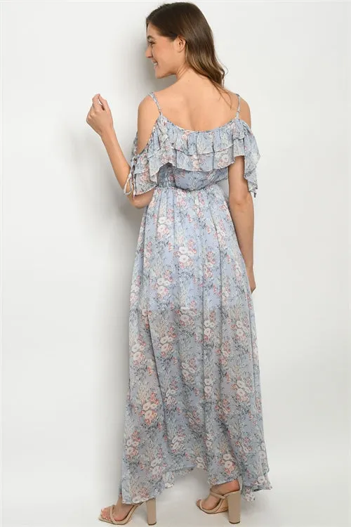 Blue Floral Cold Shoulder Maxi Dress