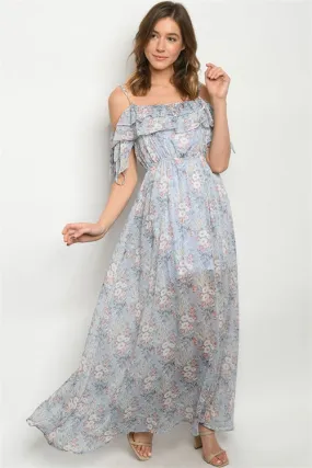 Blue Floral Cold Shoulder Maxi Dress