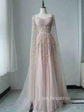 Blush Pink Luxury Beaded Evening Dresses Evening Dress with Cape Sleeves ALI005