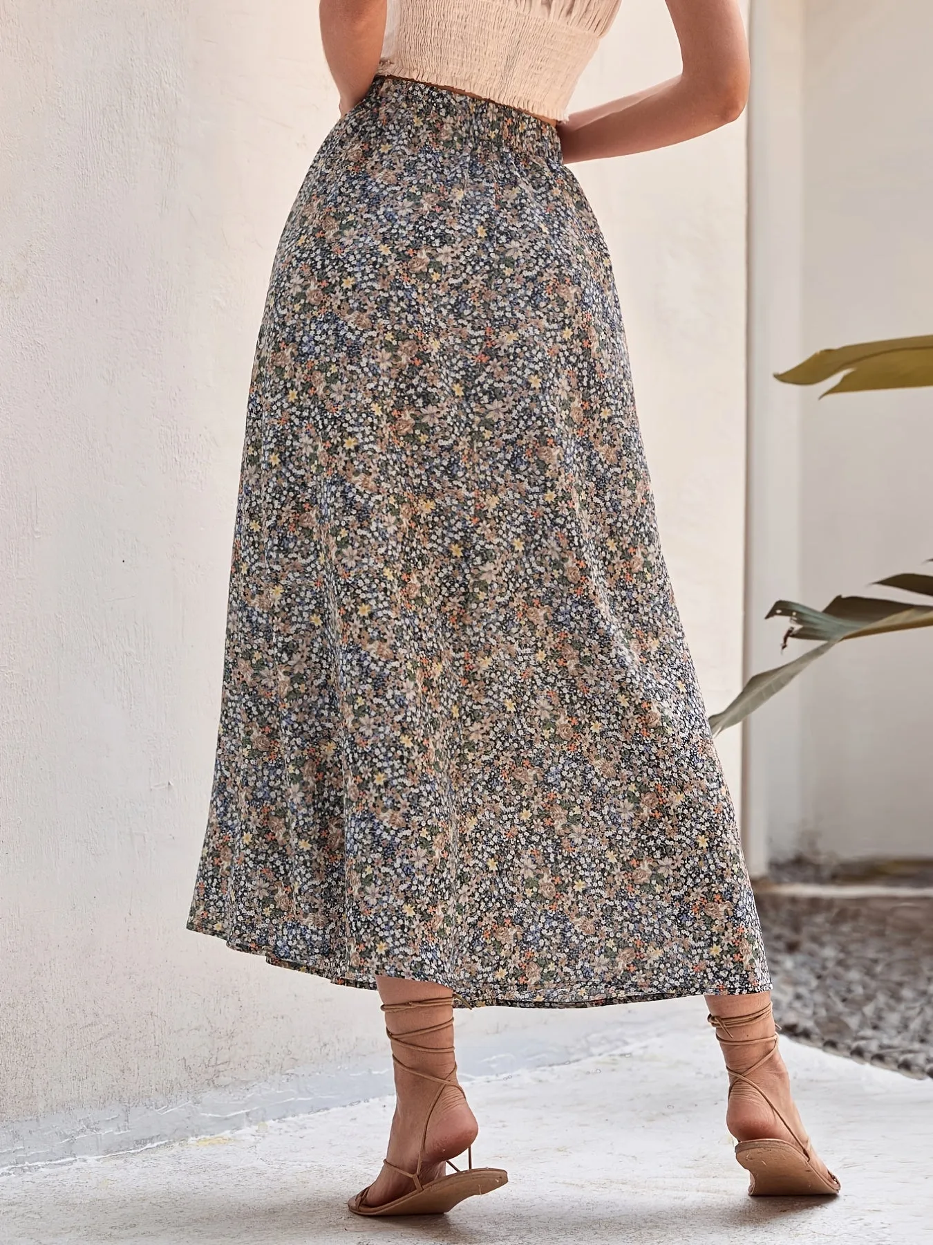 Bohemian Ditsy Floral Long High Waist Swing Flowy Maxi Skirt