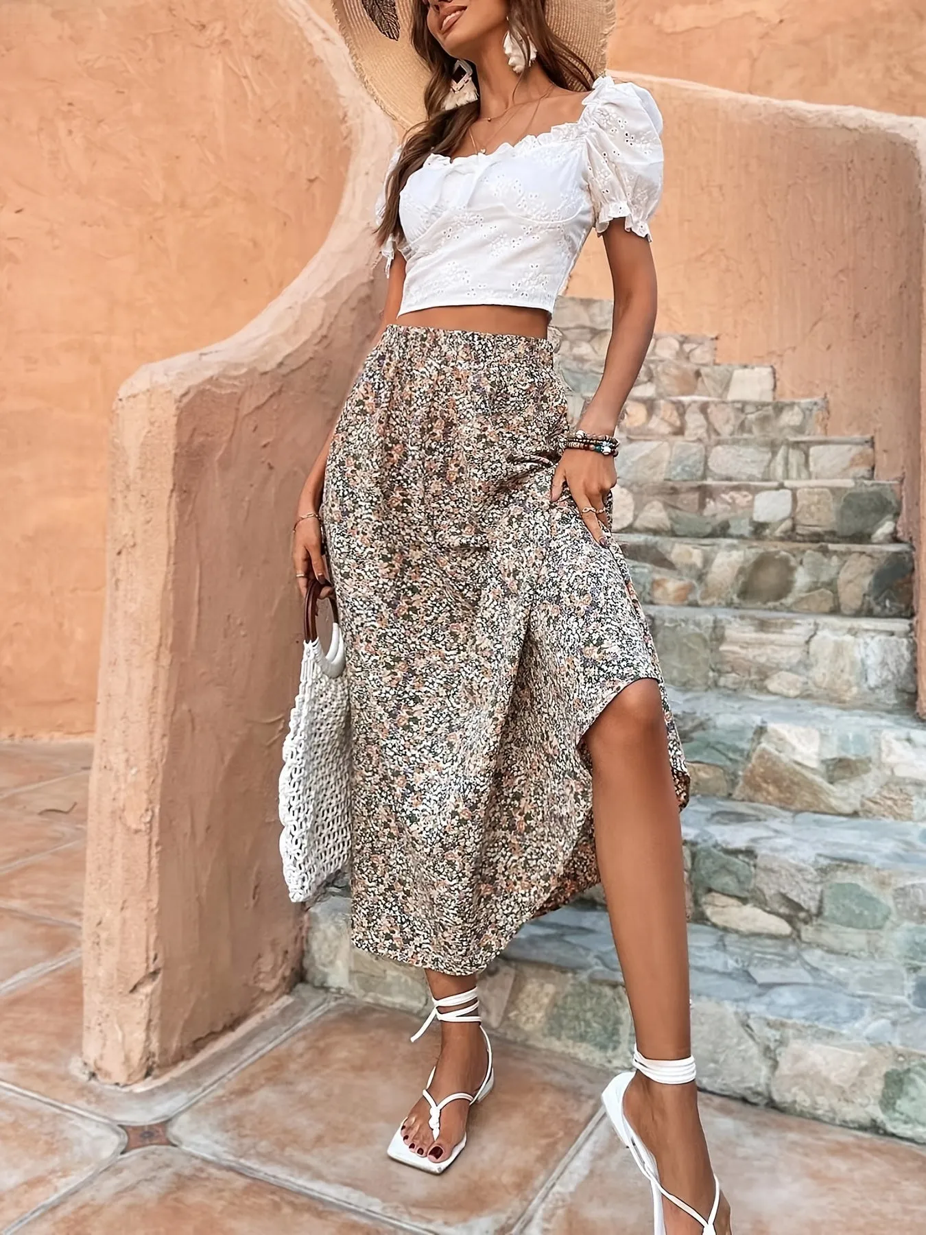 Bohemian Ditsy Floral Long High Waist Swing Flowy Maxi Skirt