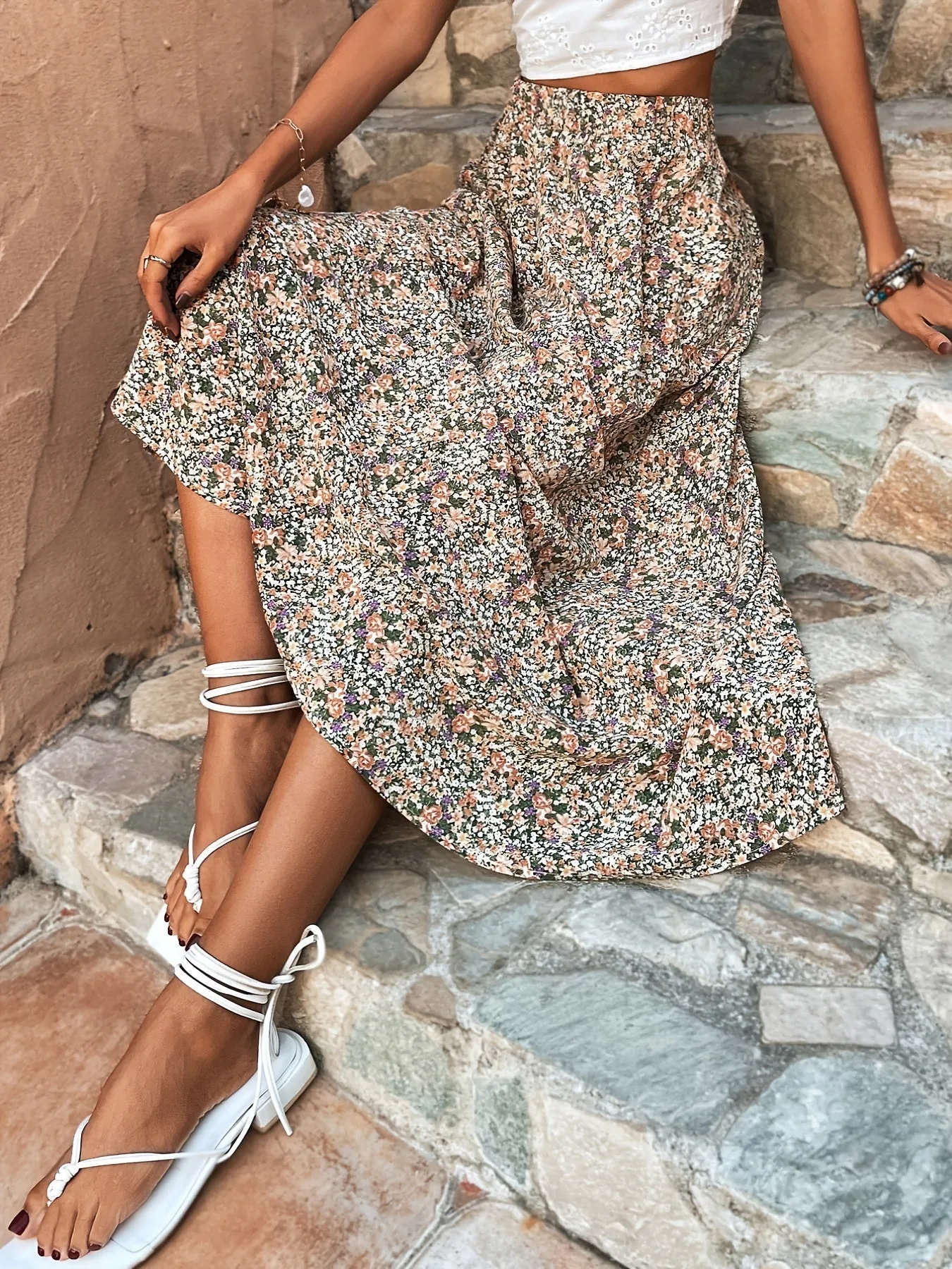 Bohemian Ditsy Floral Long High Waist Swing Flowy Maxi Skirt