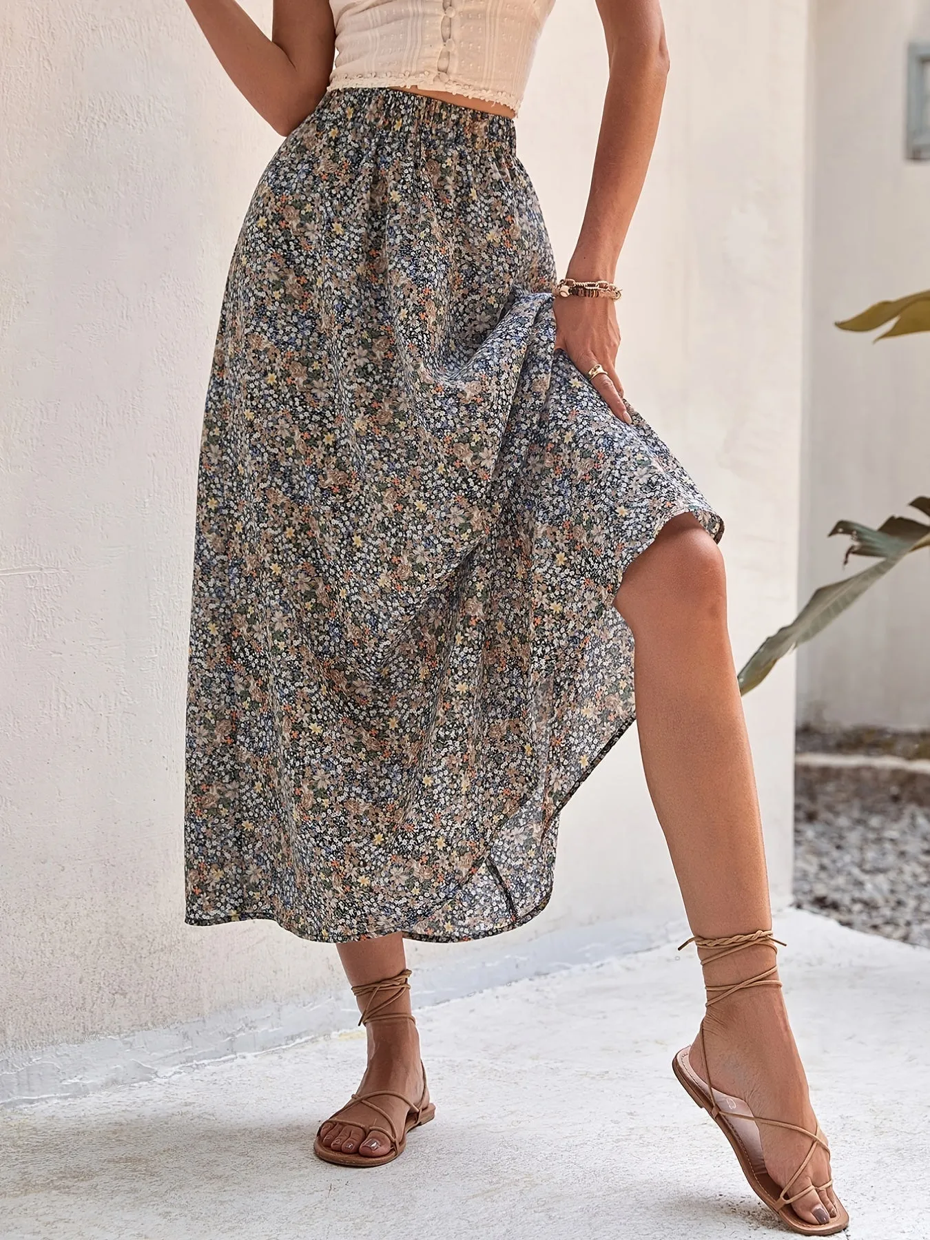 Bohemian Ditsy Floral Long High Waist Swing Flowy Maxi Skirt