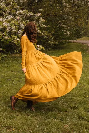 Bohemian Linen Dress in Mustard