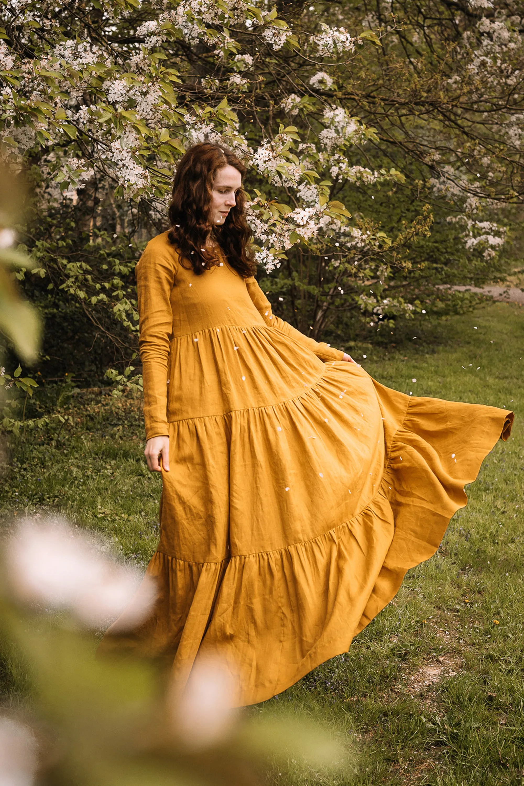 Bohemian Linen Dress in Mustard