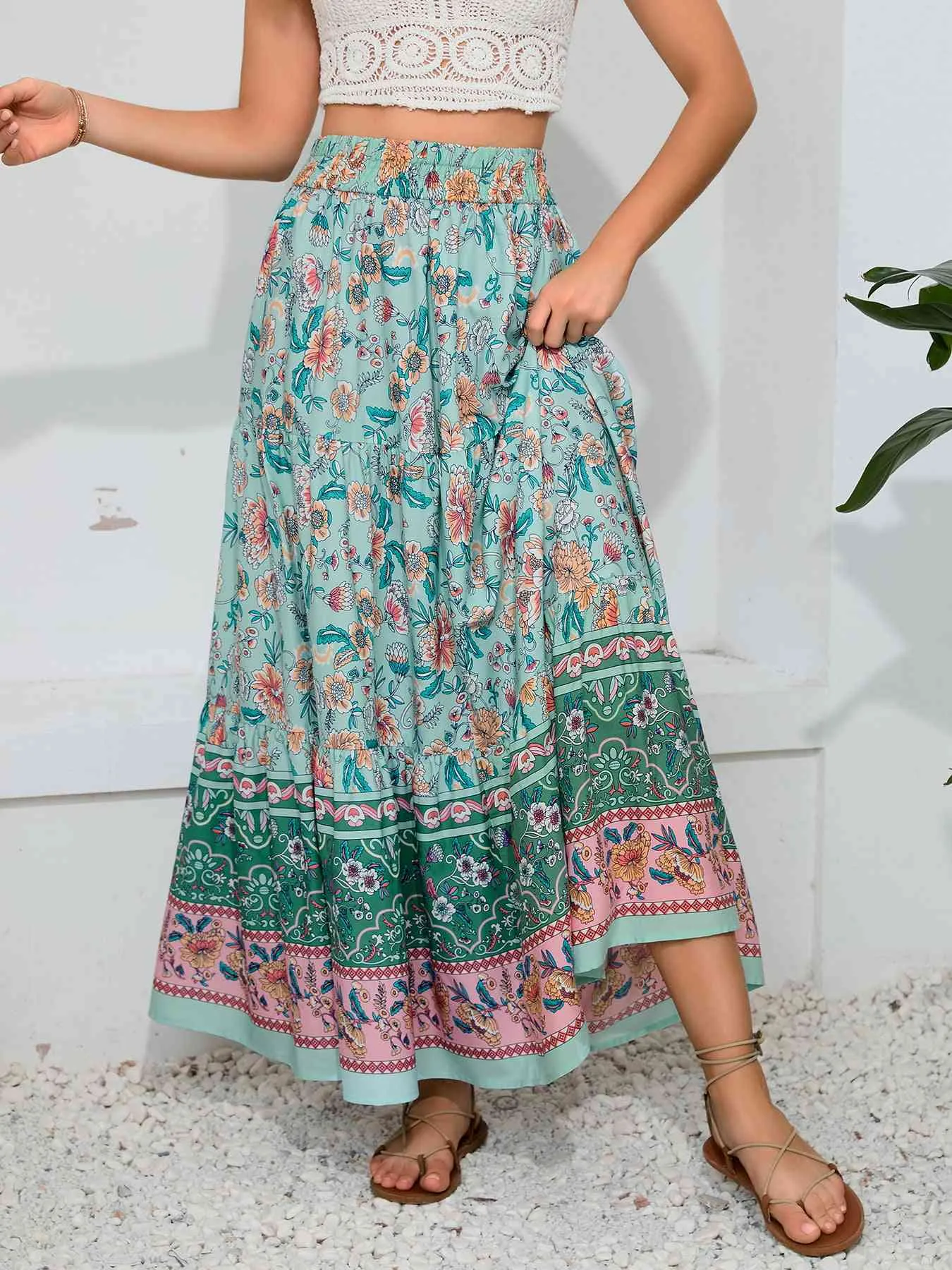 Bohemian Print Smocked Waist Maxi Skirt