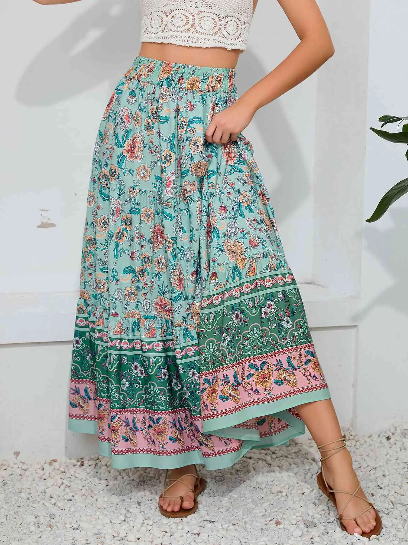 Bohemian Print Smocked Waist Maxi Skirt