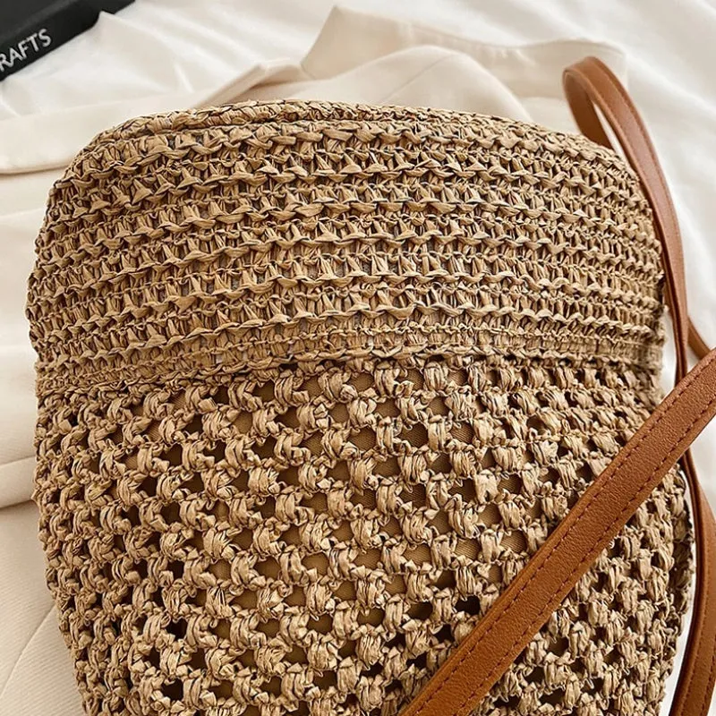 Bohemian Summer Vibe Drawstring Straw Bucket Handbags