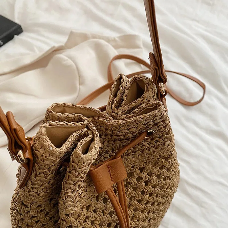 Bohemian Summer Vibe Drawstring Straw Bucket Handbags