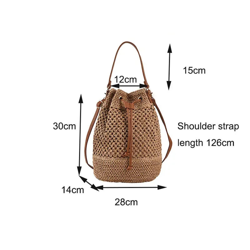 Bohemian Summer Vibe Drawstring Straw Bucket Handbags