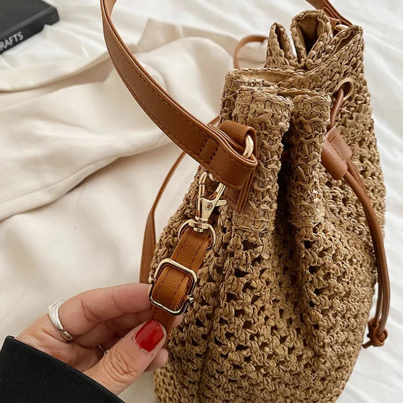 Bohemian Summer Vibe Drawstring Straw Bucket Handbags