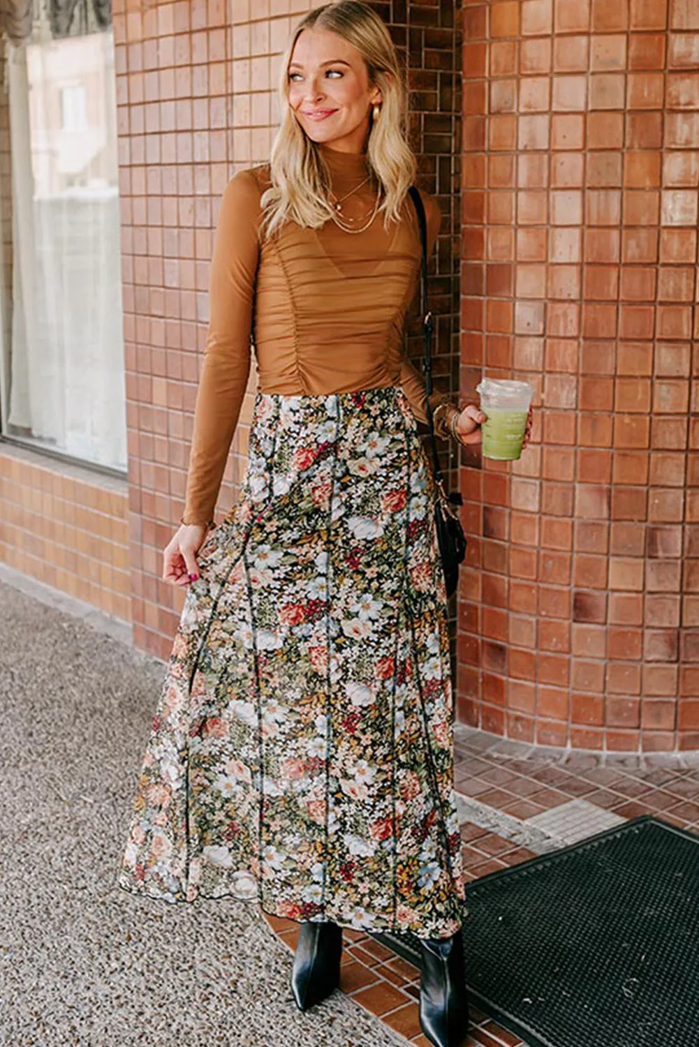 Brown Allover Floral Print Bohemian High Waist Maxi Skirt