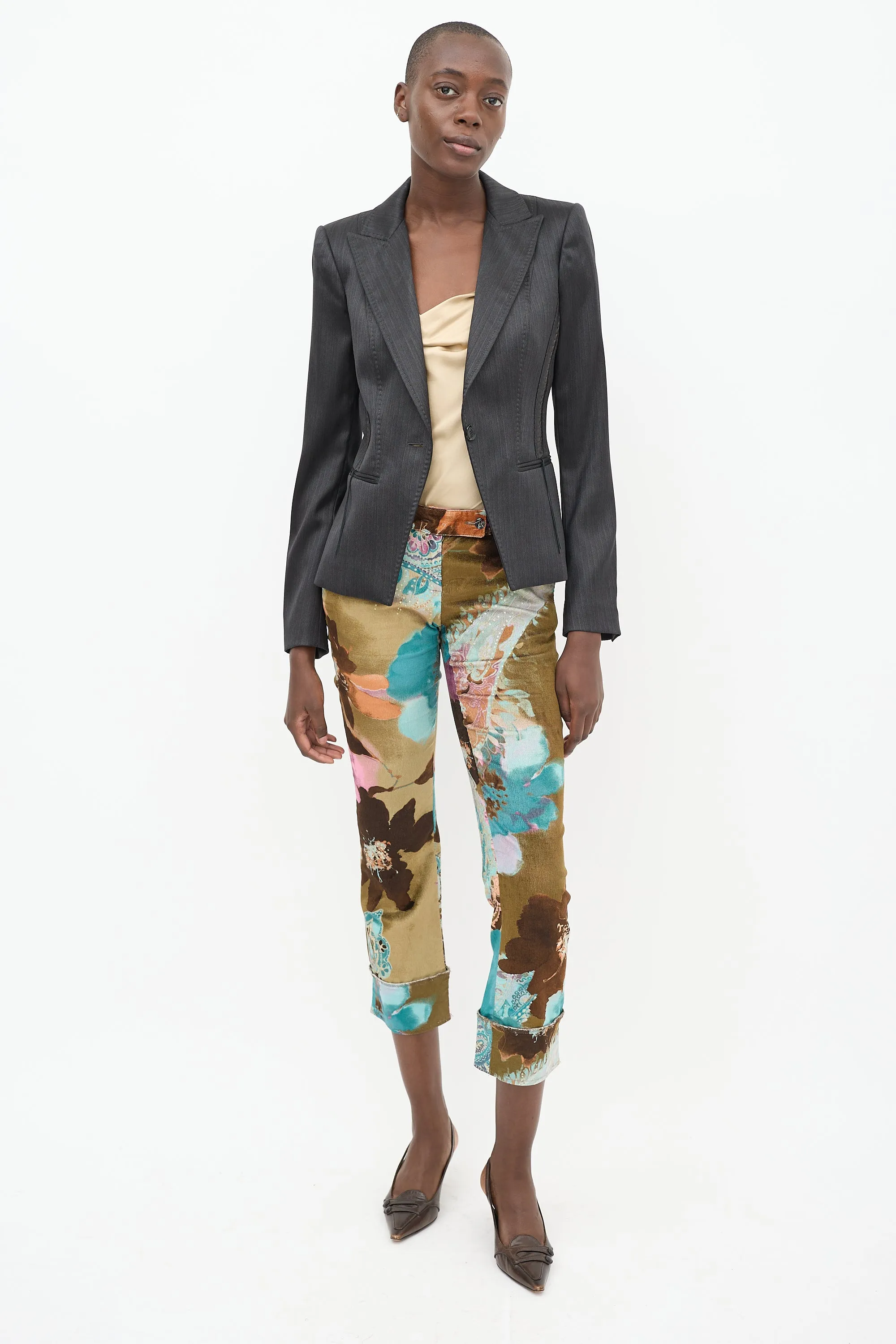 Brown & Multicolour Corduroy Floral Trouser