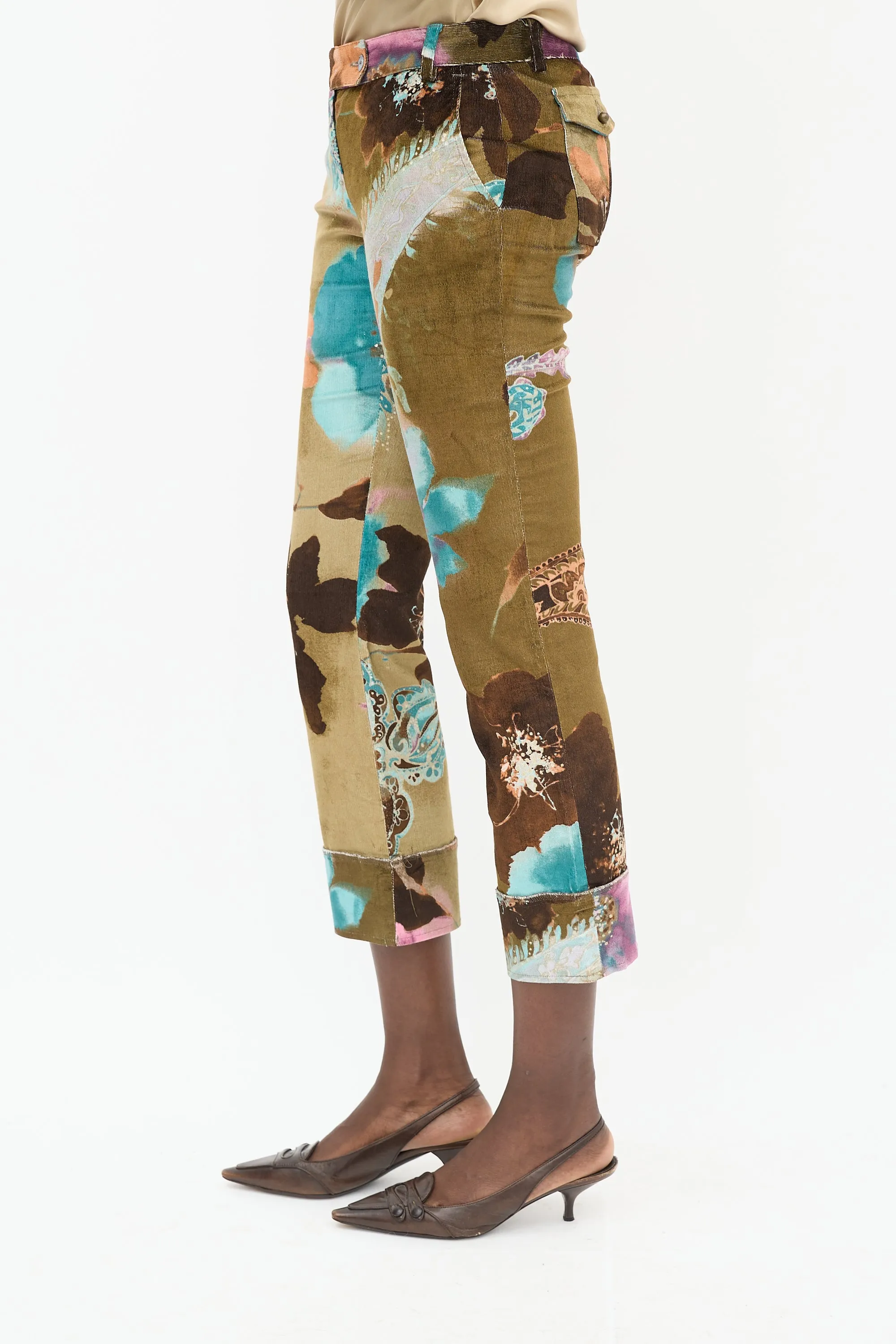 Brown & Multicolour Corduroy Floral Trouser