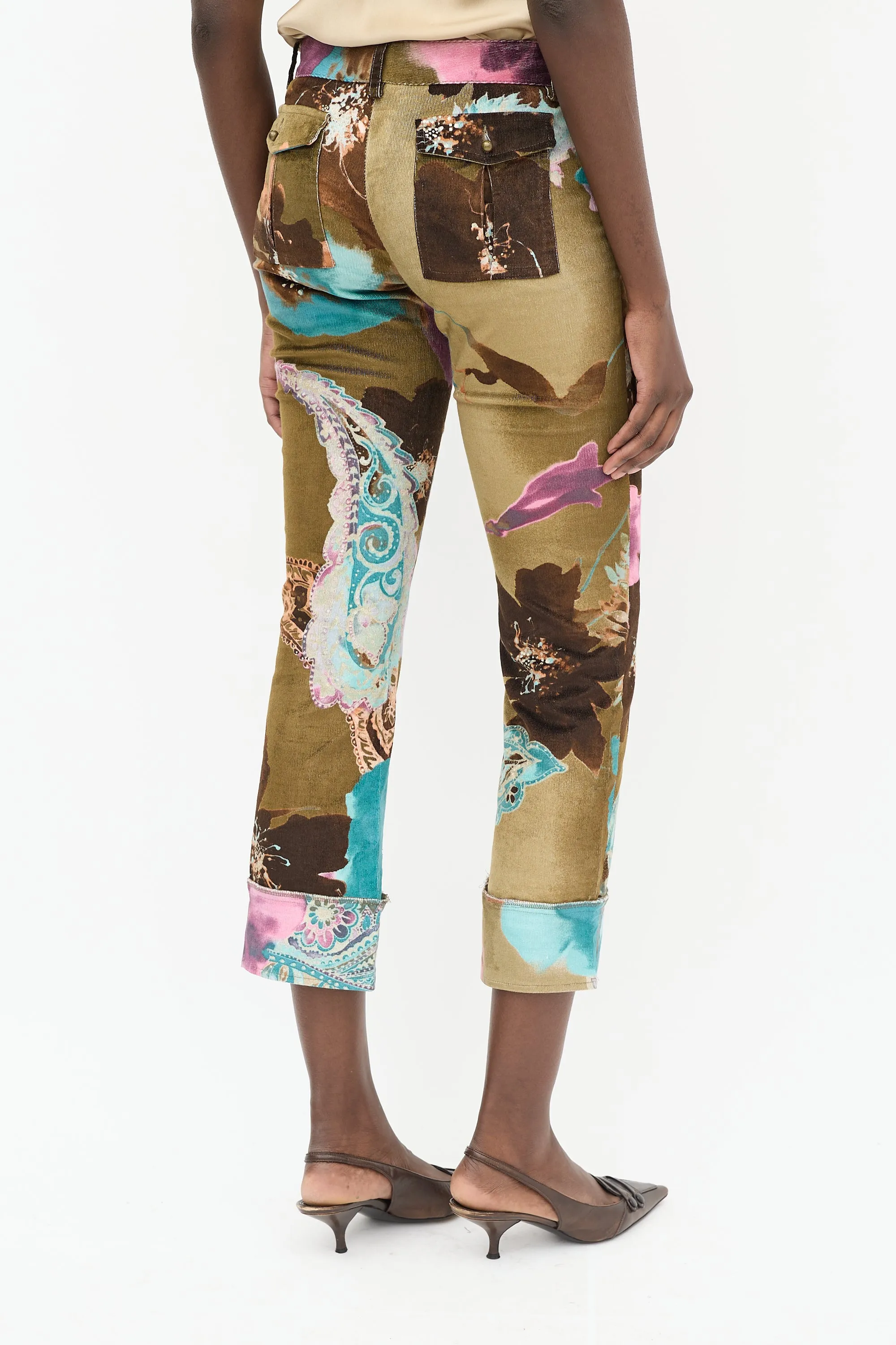 Brown & Multicolour Corduroy Floral Trouser