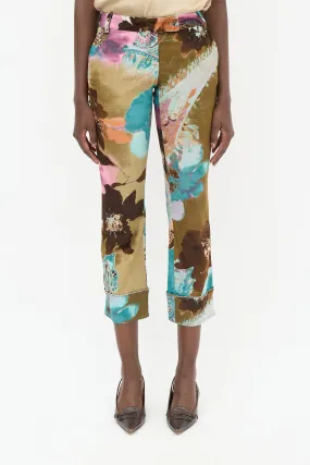 Brown & Multicolour Corduroy Floral Trouser