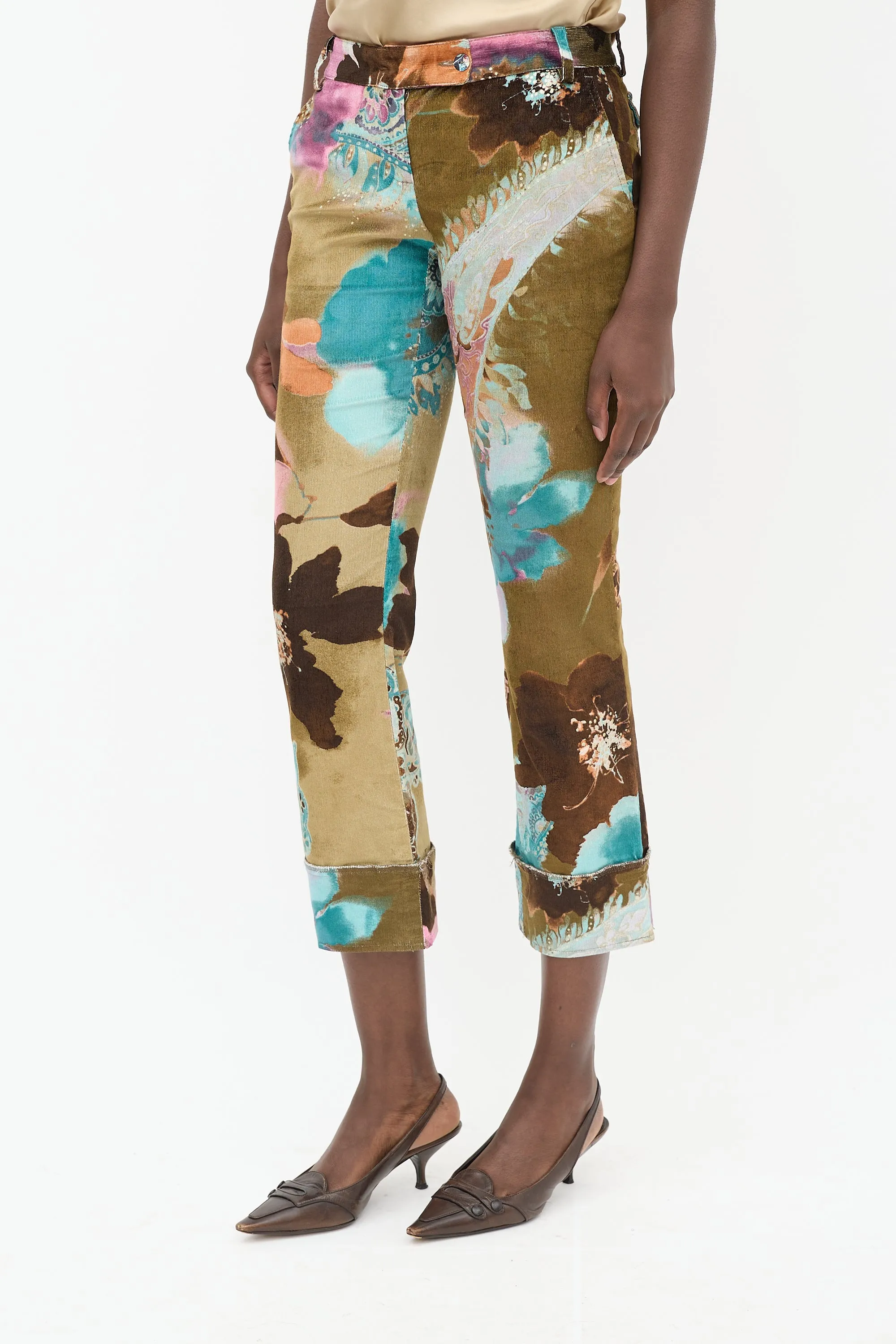 Brown & Multicolour Corduroy Floral Trouser