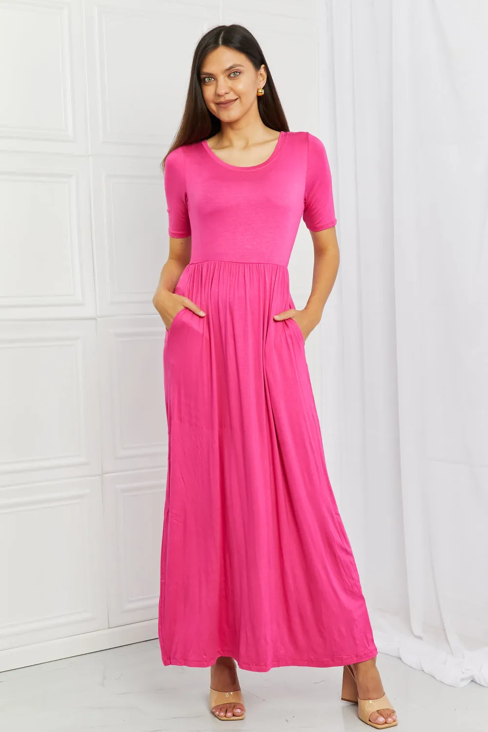 Celeste Sweetheart Full Size Short Sleeve Maxi Dress in Hot Pink