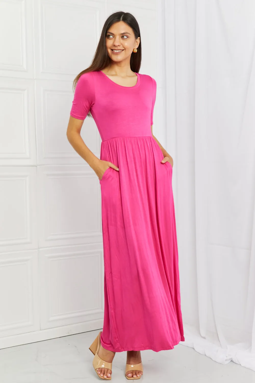 Celeste Sweetheart Full Size Short Sleeve Maxi Dress in Hot Pink